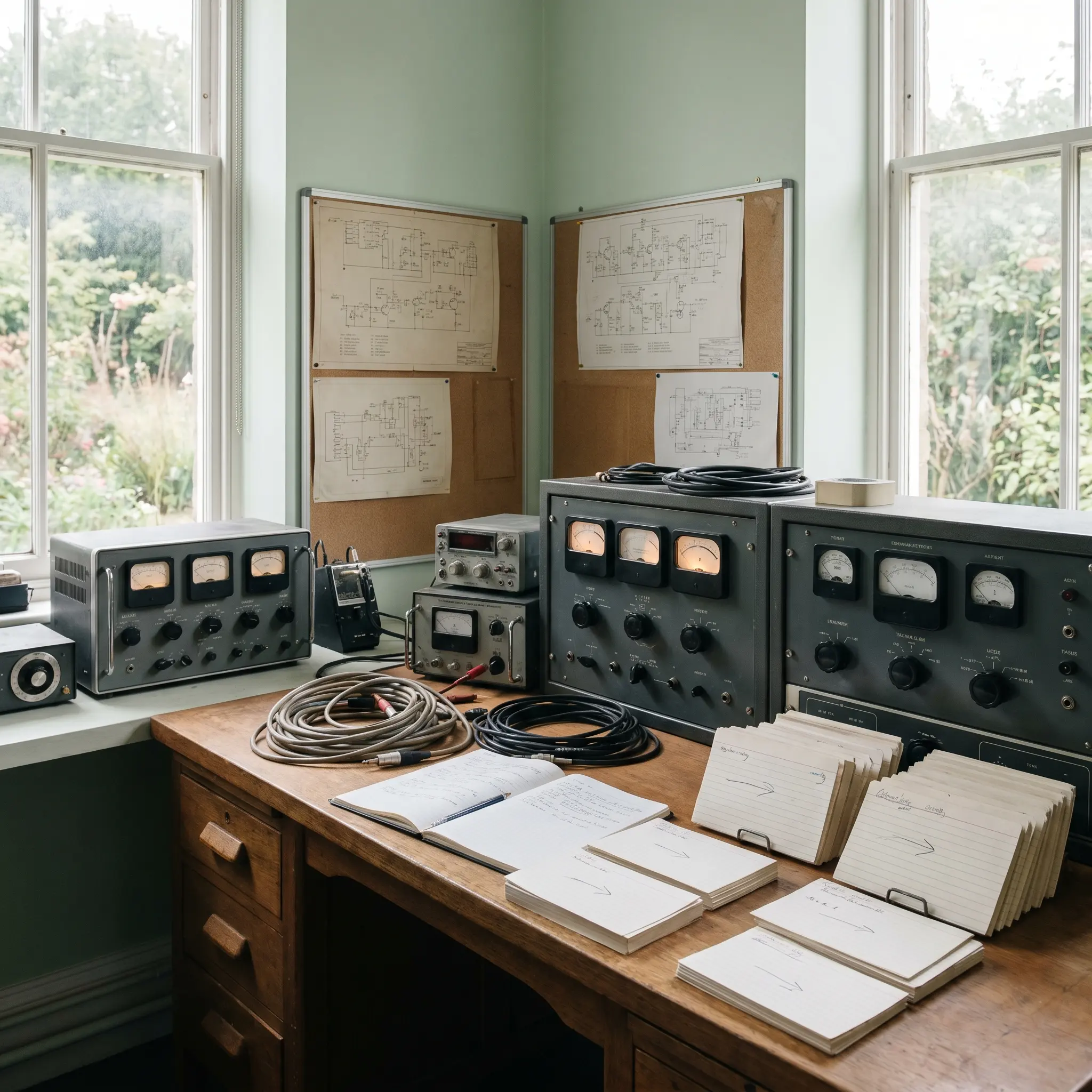 Quiet signal editing workspace with diagrams, meters, and annotated cue cards