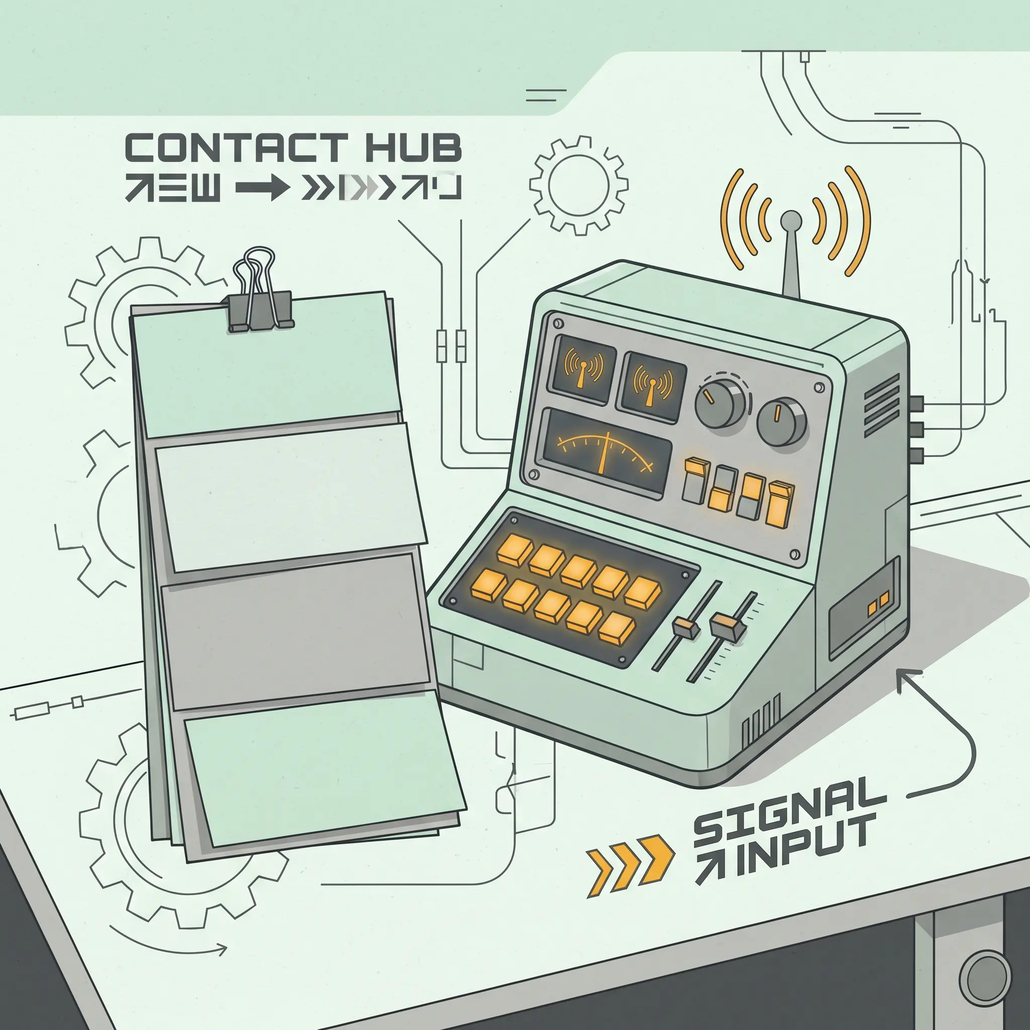 Desk view of cue cards and a compact communication panel