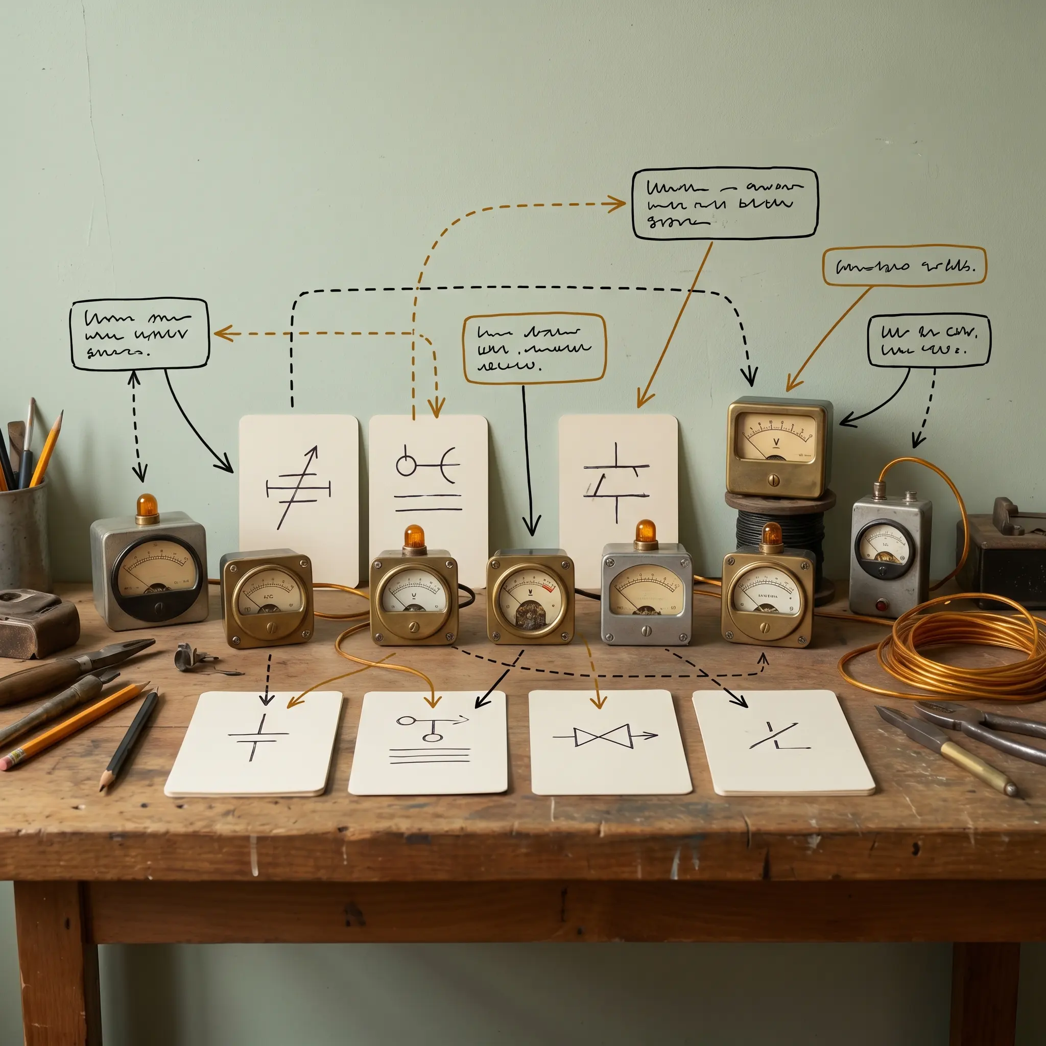 Glossary cards arranged beside small meters and annotation marks